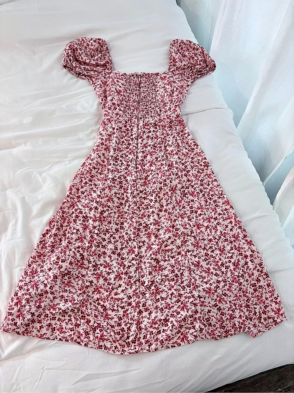 Francesca's Tabitha Floral Puff Sleeve Midi Dress Red & White XS